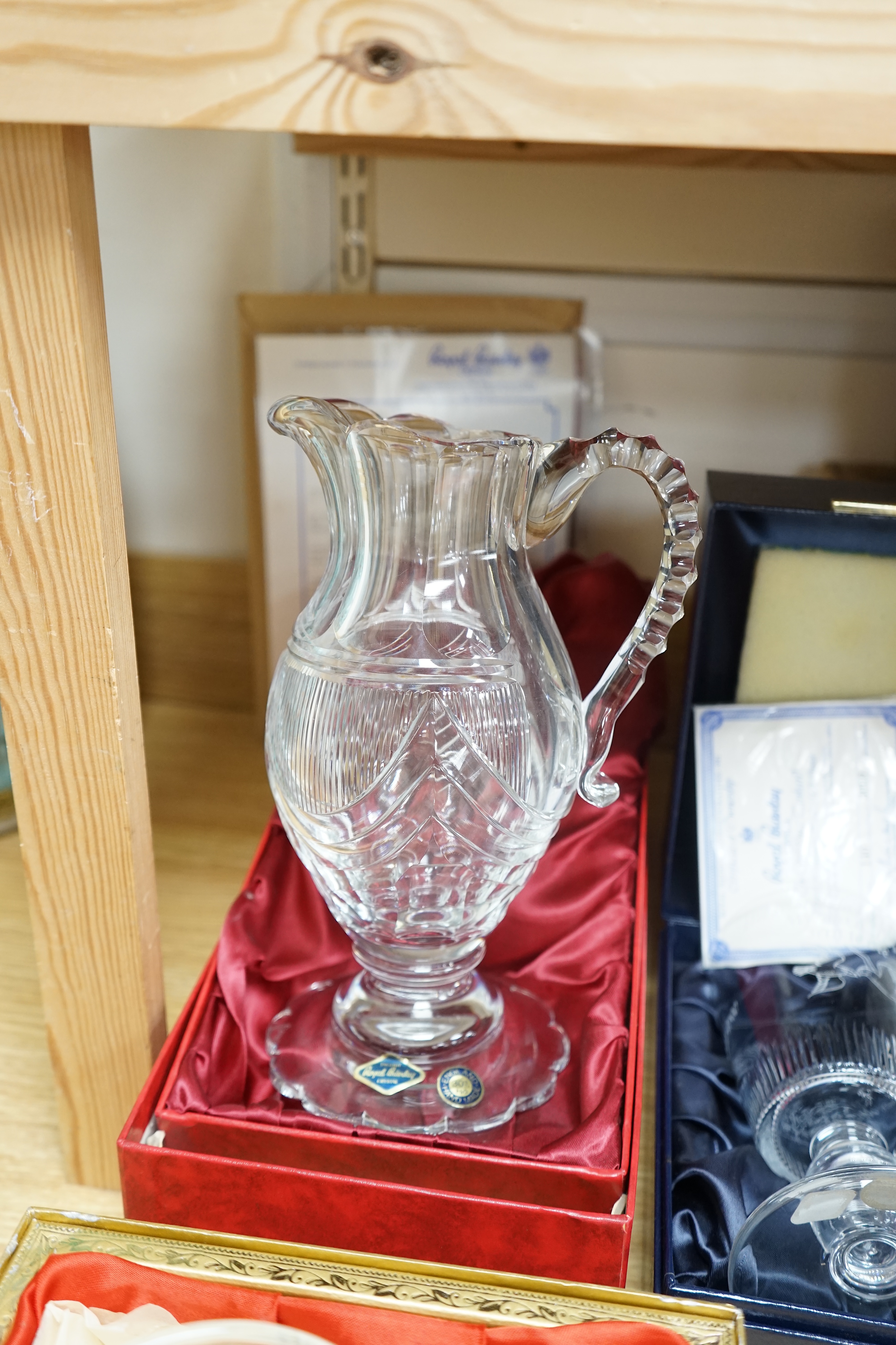 A collection of boxed Brierley glassware to include wine glasses, commemorative limited edition goblets and a jug, largest 28cm high. Condition - good